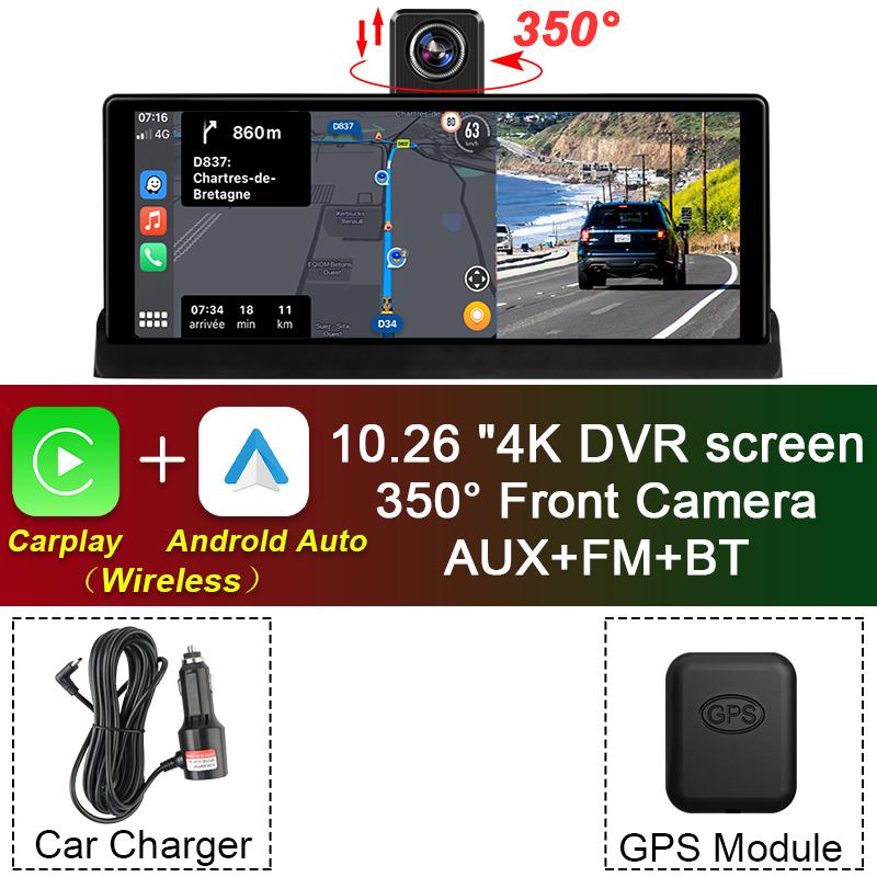 10.26"  Car DVR 4K Camera Wireless Carplay Android Auto Ai Screen Dashboard Dash Cam Dual Len GPS Navigation Video Recorder AUX