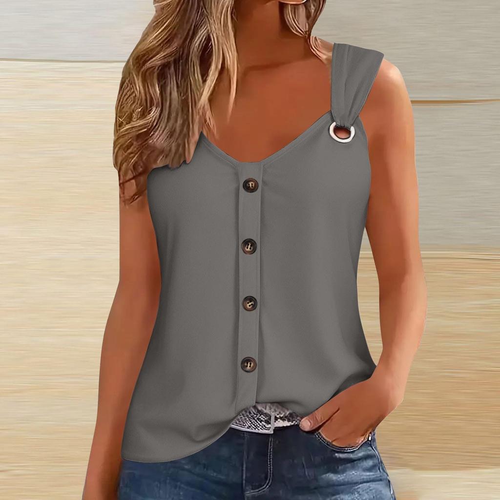 Damenmode Lässig Locker Ärmellos Geknöpft V-Ausschnitt Einfarbig T-Shirt Top