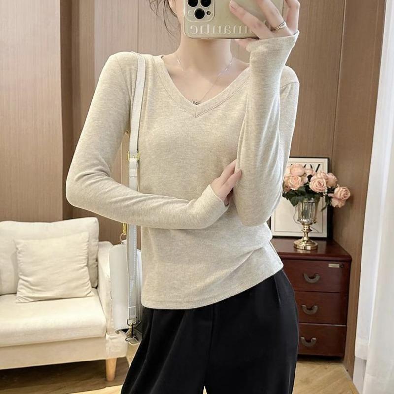 V-neck Right Shoulder T-shirt Slimming Hot Girl Long-sleeved Top Women Spring Autumn Bottoming Women