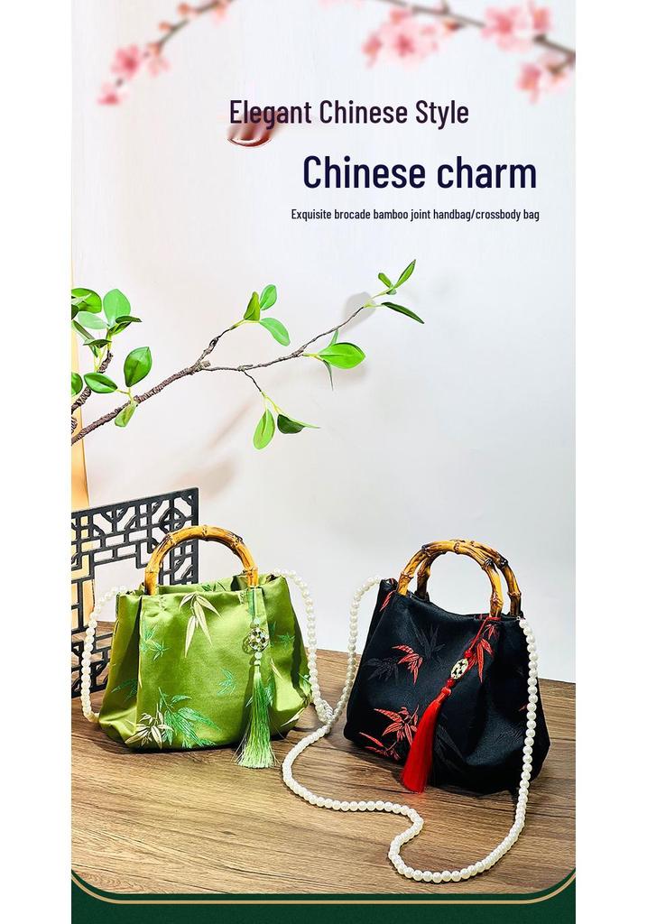 Bamboo Handle Brocade Handbag - Chinese Style Pearl Crossbody, Perfect Qipao Match, Ideal Gift for Mom