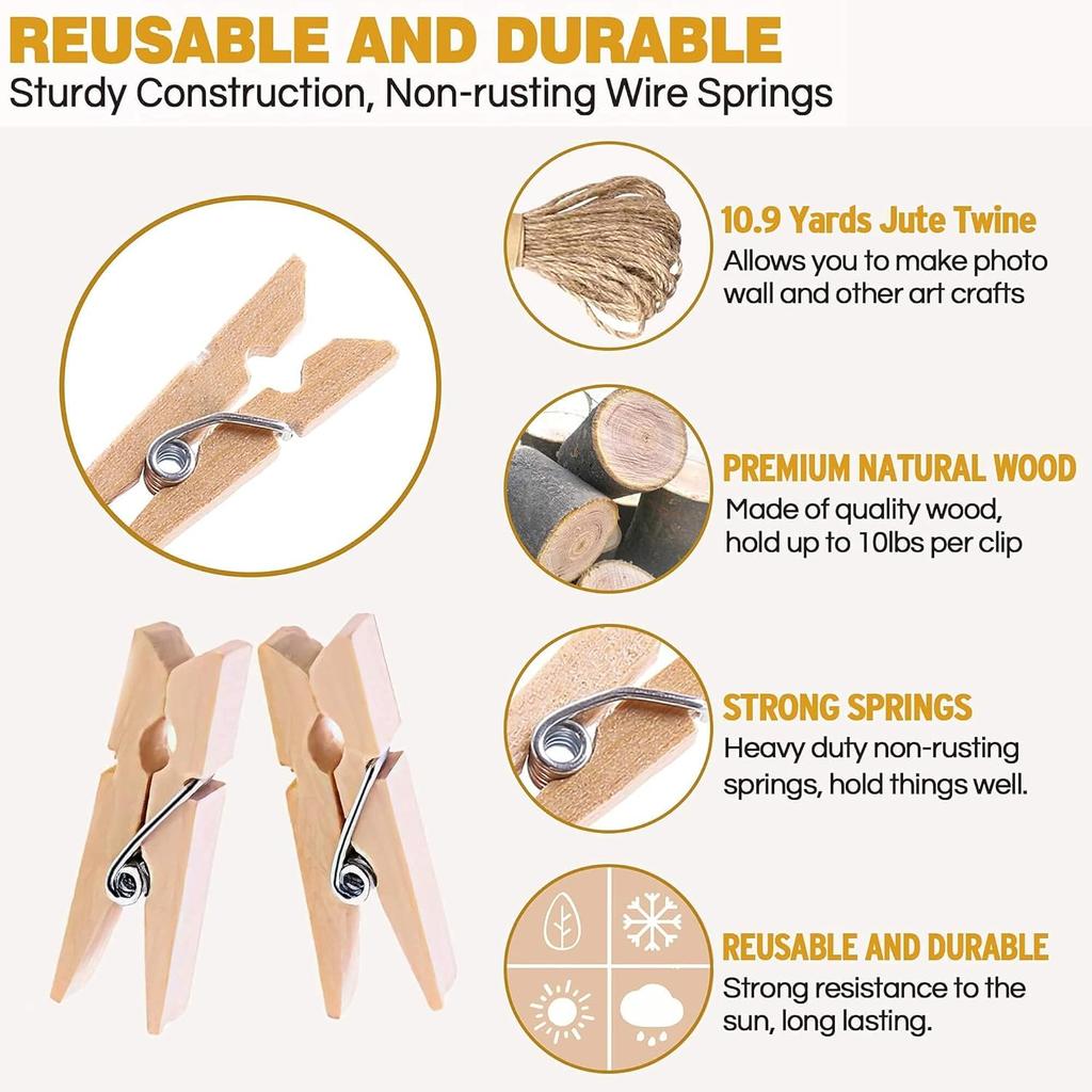 100Pcs Wooden Clothespins Multi-Functional Reusable Mini Wooden Clips with Jute Twine for Photo Wall and DIY Craft