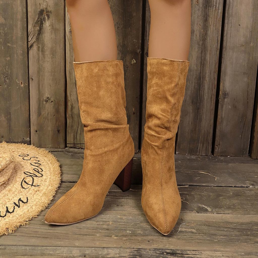 Plisowane buty damskie zamszowe buty do kolan 2024 Zima kobiety moda wsuwane kwadratowe niskie obcasy rycerz botki Mujer