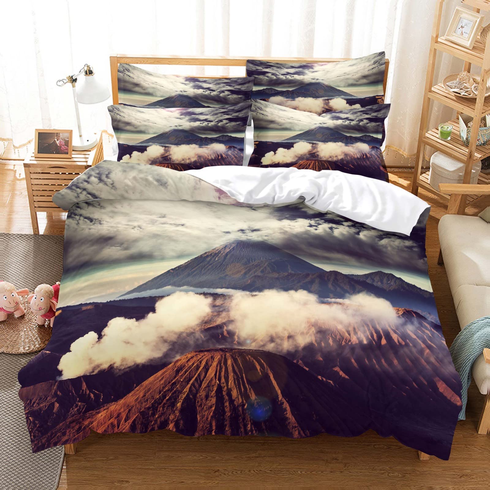 Volcano King Queen Duvet Cover Eruption Hot Lava Bedding Set For Kids Teens Adults Natural Disaster Molten Quilt Cover (135x200cm)