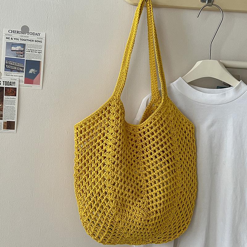 Summer Casual Large Capacity Woven Shoulder Bag For Women Girls Knitted Hollow Out Beach Straw Bag Handmade Crochet Tote Bag