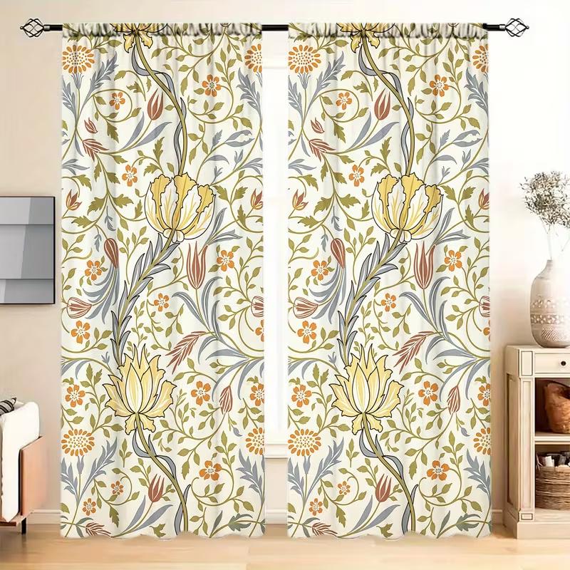 

2pc Soft Vine & Tulip Curtains, Chinese Pastoral Style, Suitable for Bedrooms and Living Rooms, Rod Pocket Decorative Curtains 24x59in(60x150CM)x2&Rod Pocket