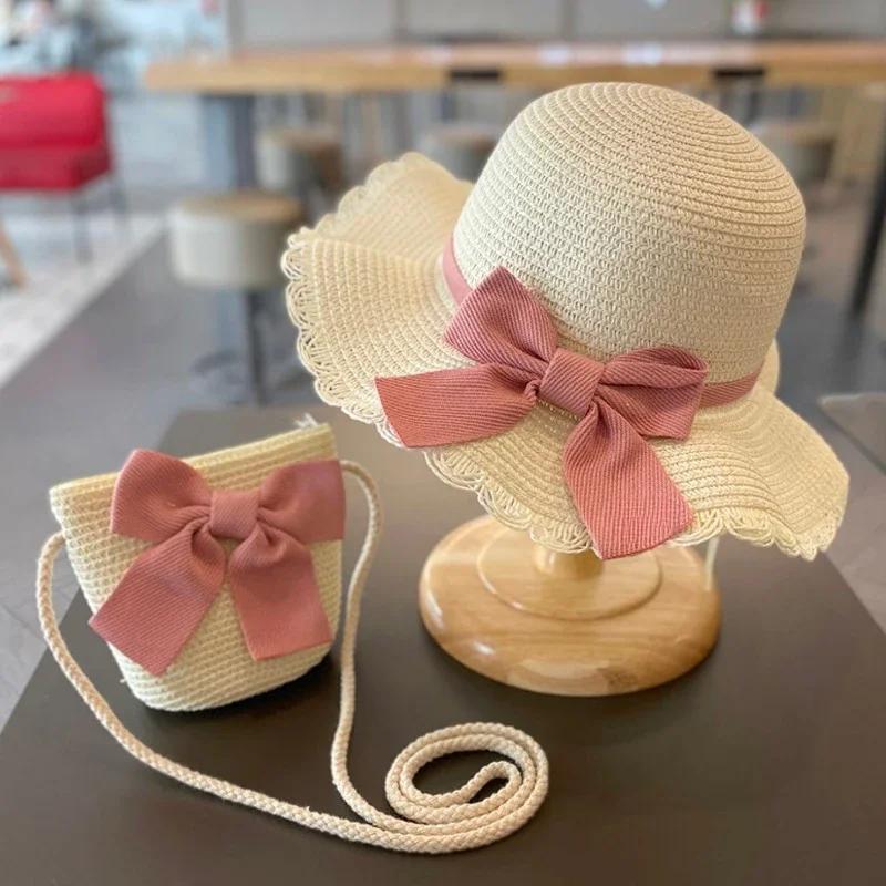 Kinderhut für Mädchen 2-7 Jahre Stroh Kinder Sonnenschutzkappe Tasche Sommer Baby Reise Sonnenschutz Strandhut Sonnen Fischerhut Modischer Stil