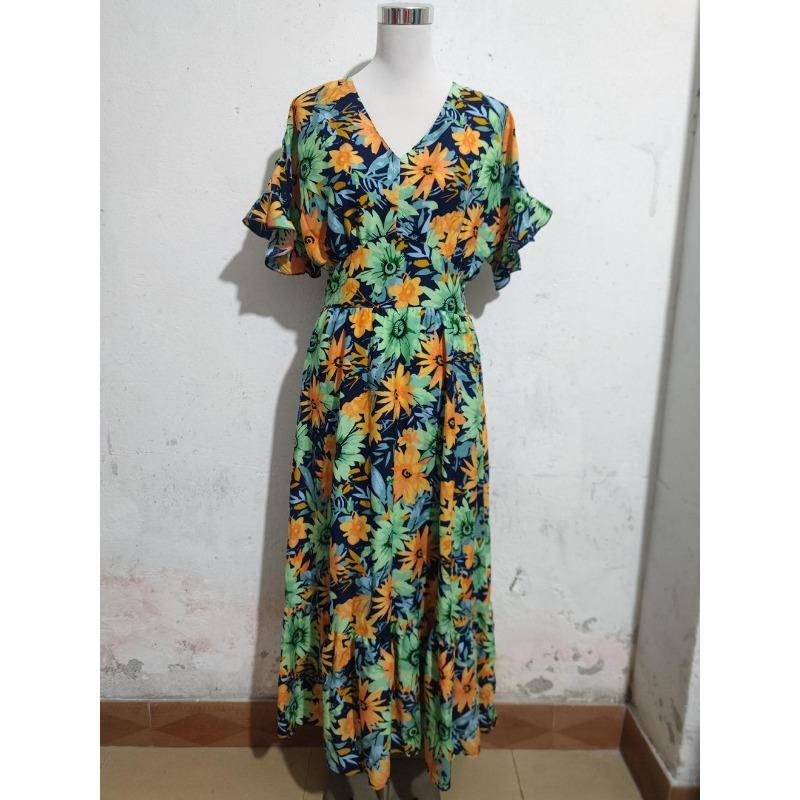 Women's Bohemian Vacation Style Printed Deep V Short-sleeved Dress Cinched Waist Beach Dress