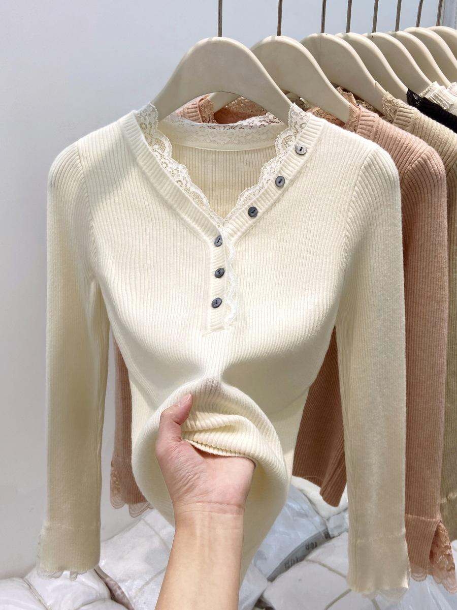 

Button v-neck lace splicing knitted sweater women s autumn and winter slim-fitting and thin inner top bottoming shirt S
