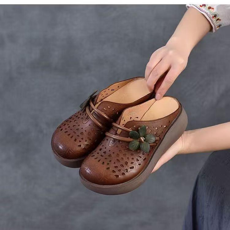 Summer Hollow Retro Soft Leather Half Slippers Women's 2025 Summer New Thick-soled Flower Outer Wear Bag Head Hole Slippers