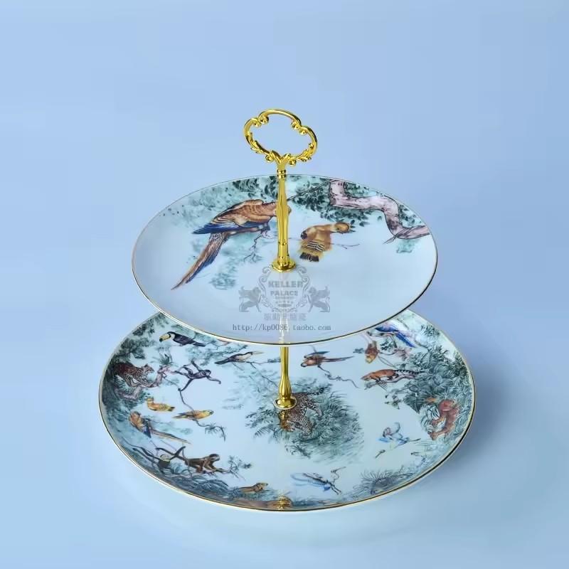 Nádobí Zvířata deštného pralesa, Jídelní talíře z kostního porcelánu, Plochý dezertní podnos, Talíř na dort, Šálek s podšálkem, Domácí kuchyňské potřeby