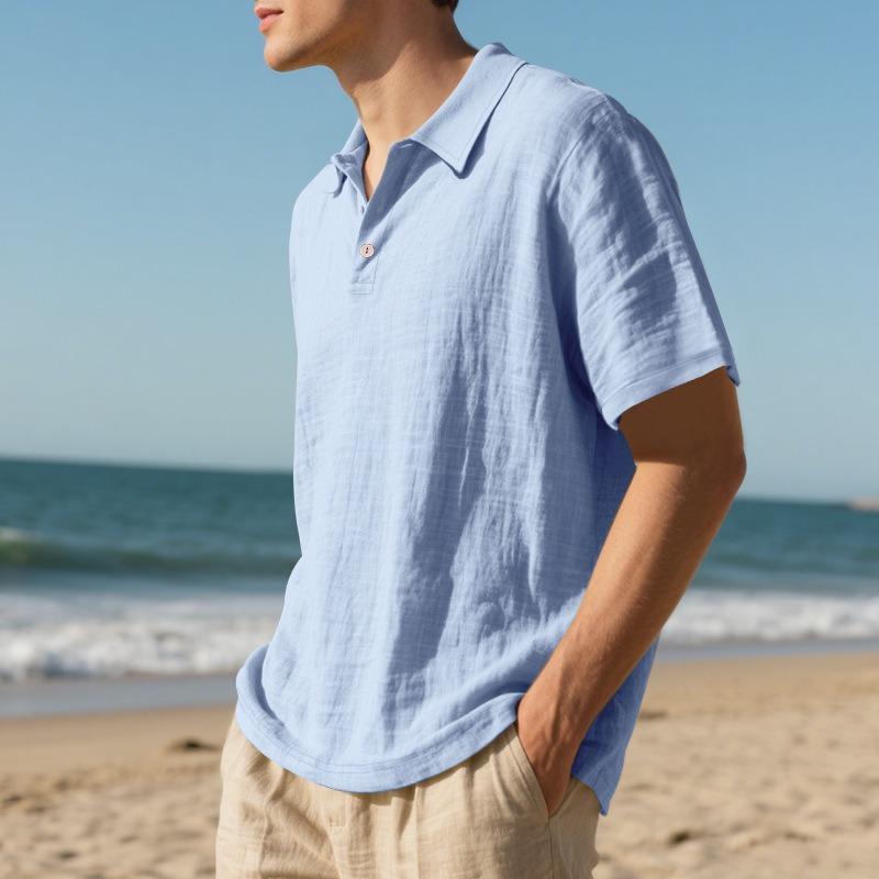 Mens Short Sleeve Linen Loose Casual Collar Polo T Shirt