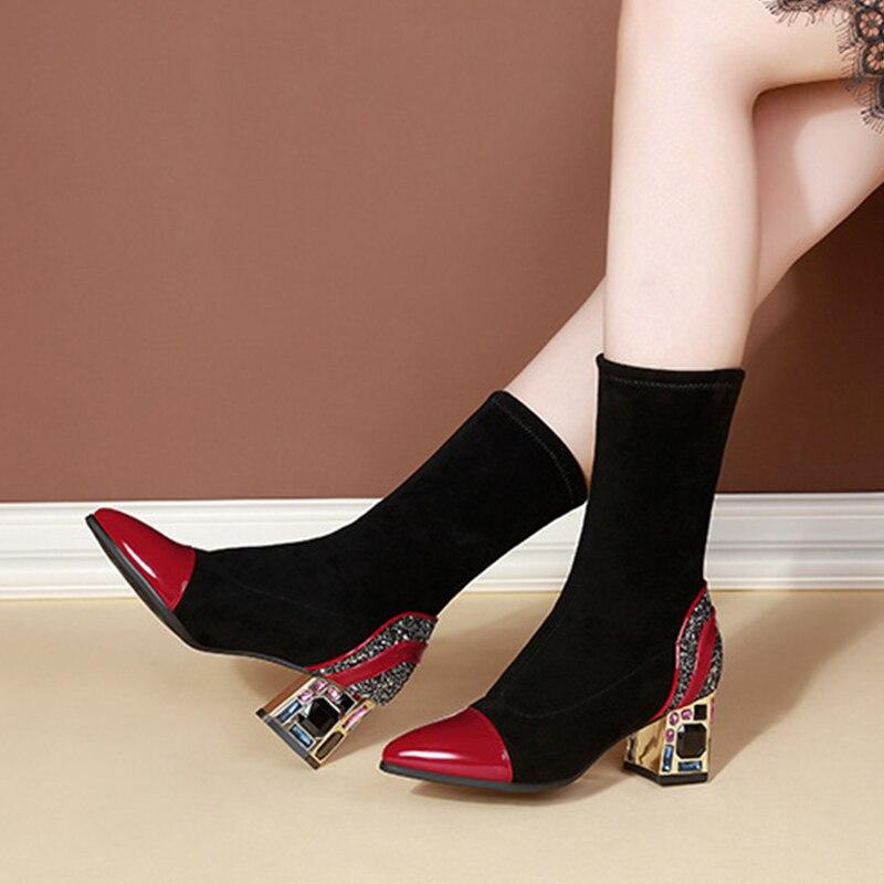 Fashion Pointed Toe Sock High Boots  New Luxury Rhinestone Square Heel Short Boots Winter Shoes Black Female Footwear
