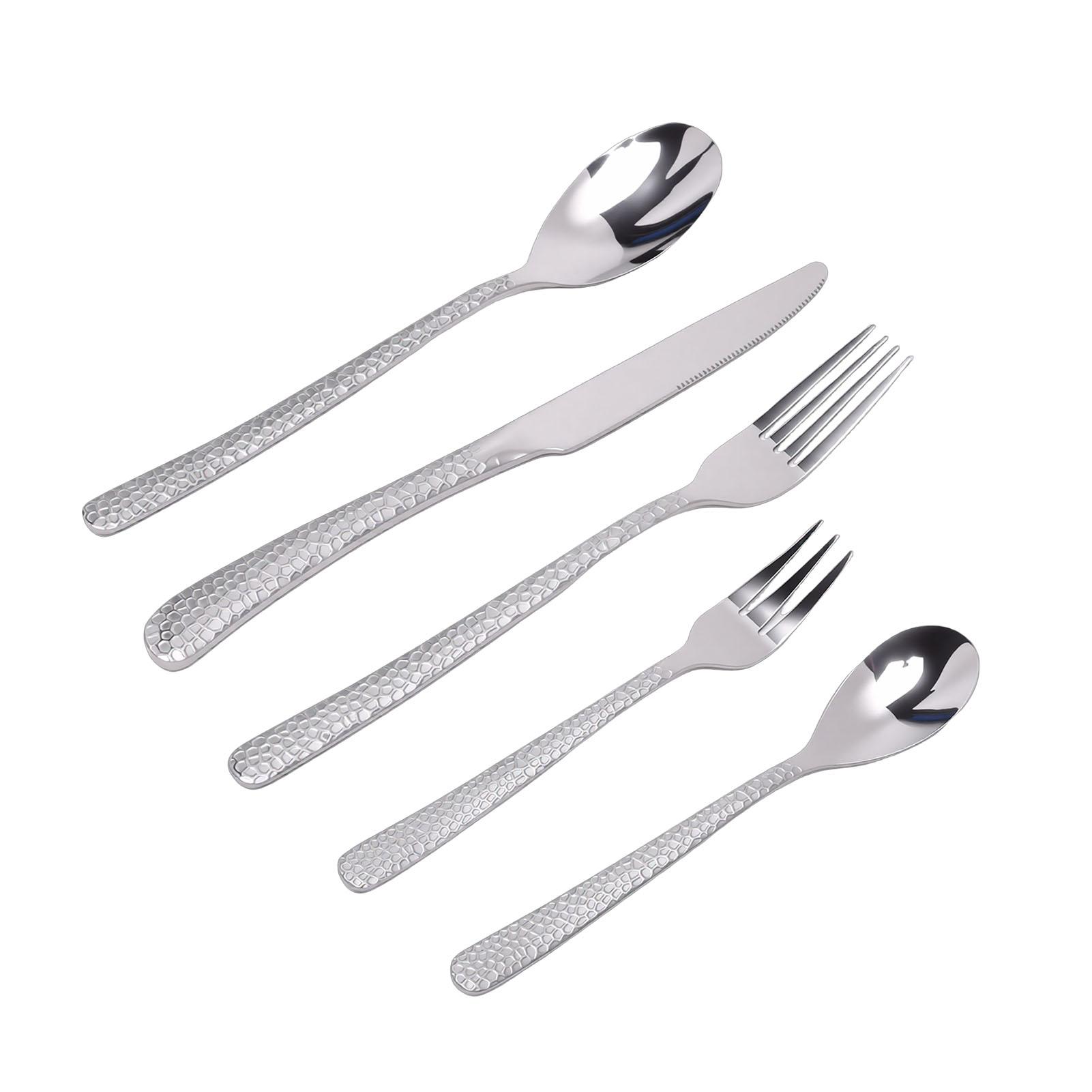 

4 Set Stainless Steel Silverware Set Forks Steak Cutters Spoons Salad Forks Teaspoons Dishwasher Safe Hammered Polished for Kitchen