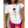 European Sizes Women'S Casual Crew Neck T-Shirt with Rose Print, Medium Stretch Fabric, All-Season Short Sleeve Top