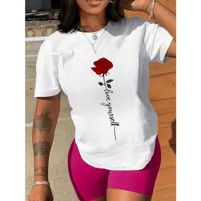 Taglie Europee T-shirt Casual da Donna Girocollo con Stampa di Rose, Tessuto Elasticizzato Medio, Top a Maniche Corte per Tutte le Stagioni