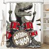 Roaring Dinosaurs Drum Kit Shower Curtain Dinosaur Band Decor for Kids Bathrooms Red T-Rex Musical Instrument Cartoon Print