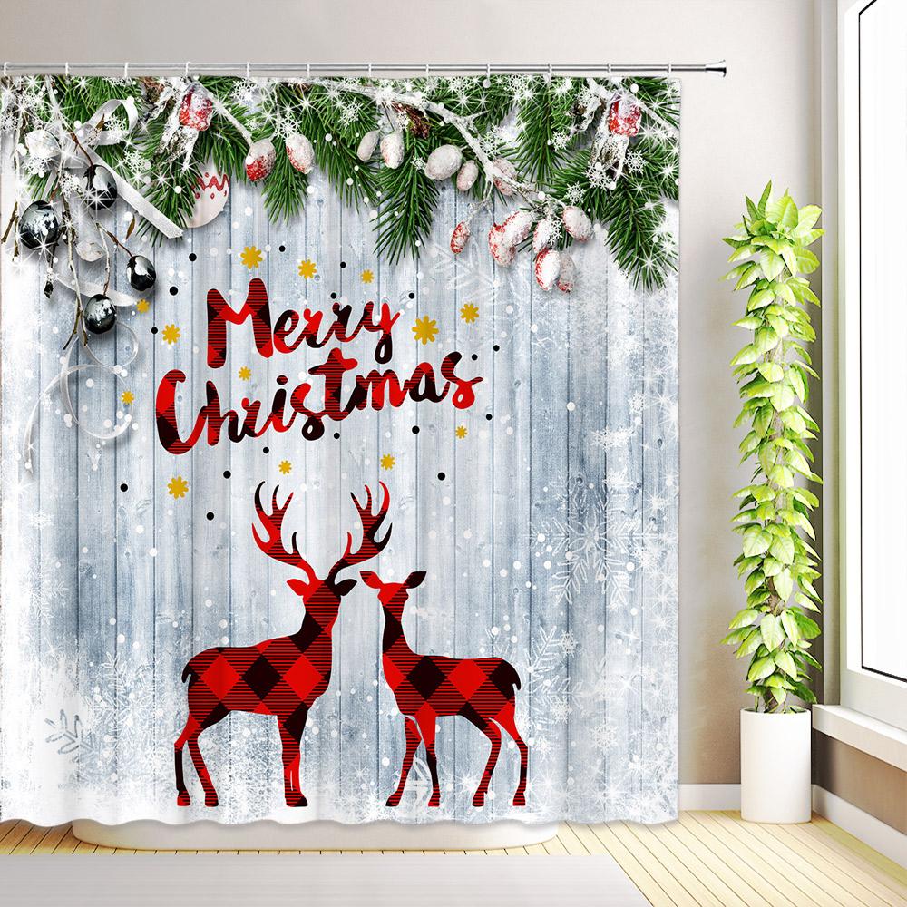 Merry Christmas Shower Curtain Santa Claus Winter Snowman Snowflake Buffalo Plaid Reindeer Xmas Bathroom Decor Fabric with Hooks