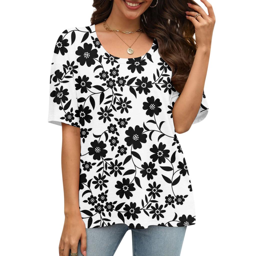 Camisetas Estampadas da Moda Para Mulheres Verão Tops de Manga Curta Blusa Solta com Decote Scoop