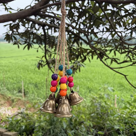 Vintage Bronze Bell Craft Bohemian Metal Pendant with Wooden Beads & Jute Rope, Retro Rustic Garden Chime Hanging Wind for Home Window Door