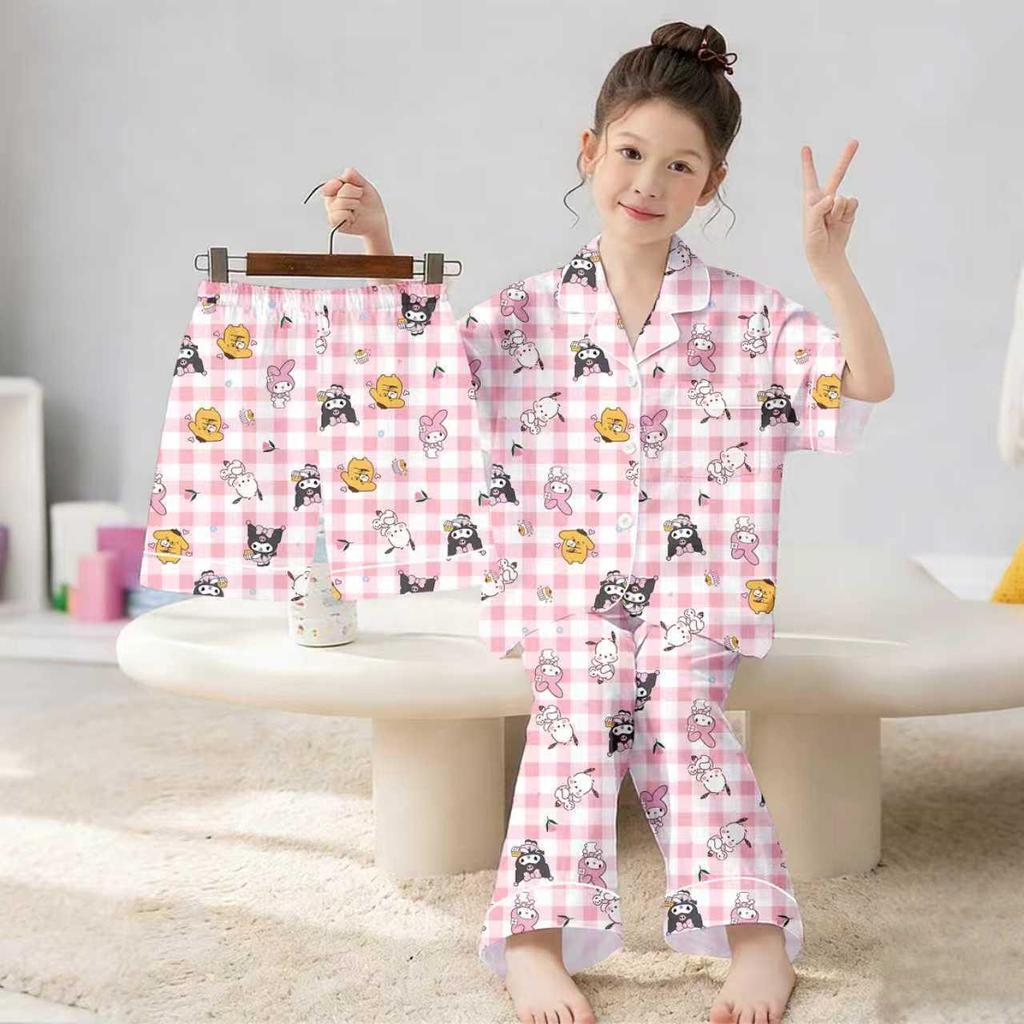 Children's Cloud Cotton Pajama Set: Short Sleeve, Shorts, and Long Pants for Summer.