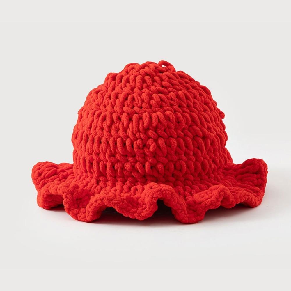 Sweet Ruffled Edge Fisherman Hat Cable Knit Winter Warm Bucket Hat Windproof Knitted Beanie  Women