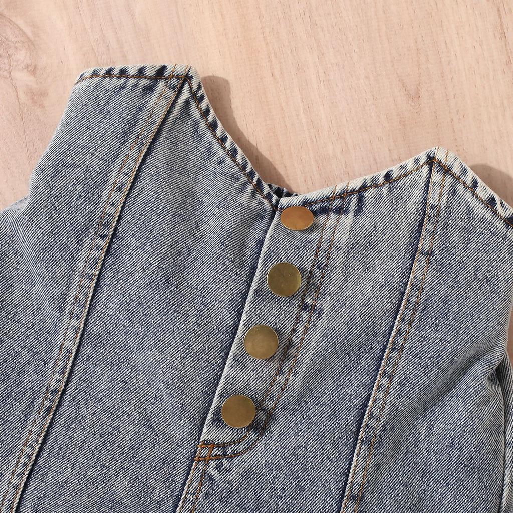 Girls' Fashion Set: Summer Children's Solid Color Sleeveless Off-the-shoulder Pullover, Ripped Denim Shorts Two-piece Set