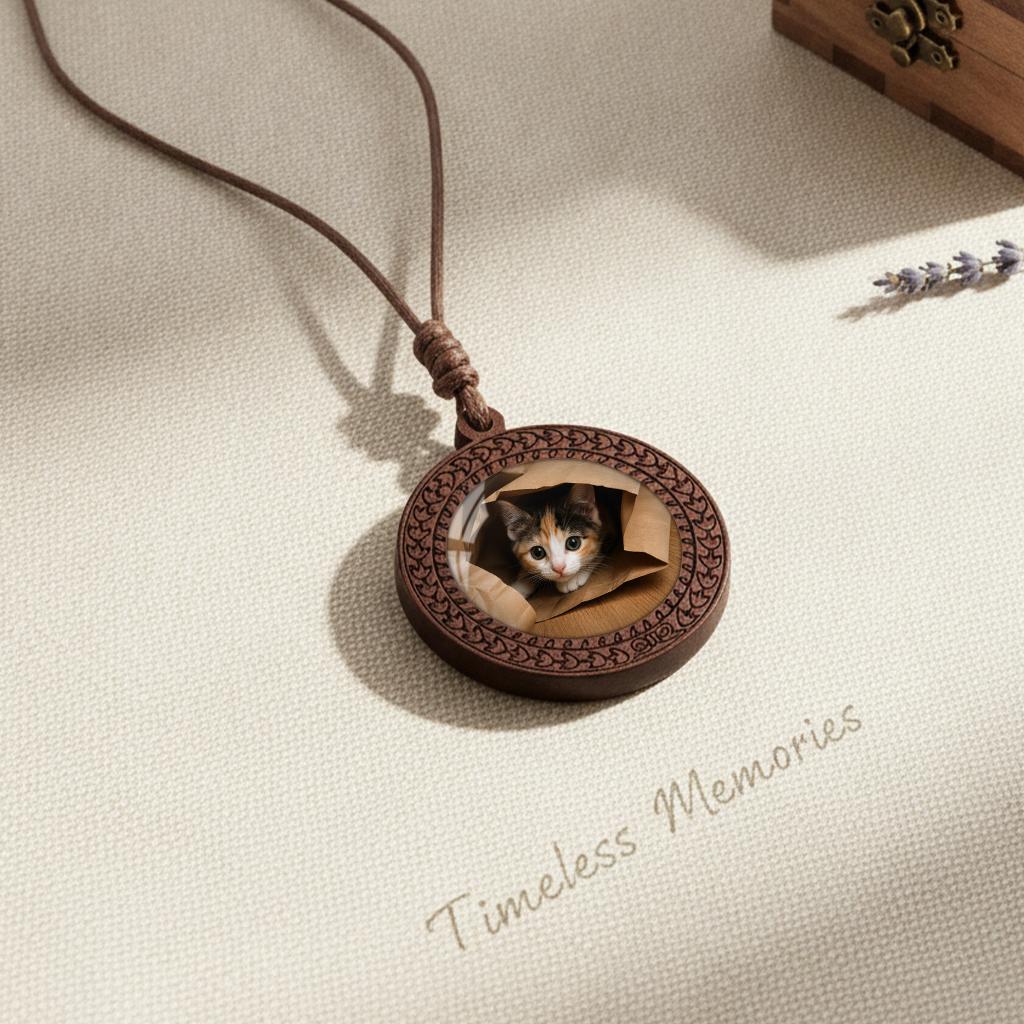 Customizable cute pet portrait circular woven wooden pendant, pet commemorative anniversary gift jewelry