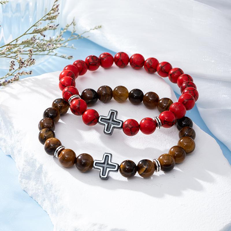 Fashion Religion Cross Men Women 8mm Natural Stone Tiger Eye Volcanic Rock Bead Bracelet Elastic Bracelet Bangle Jewelry