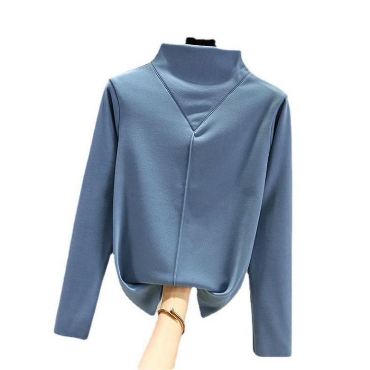 Long Sleeve Women Autumn Winter Slim Velvet Half High Collar Top