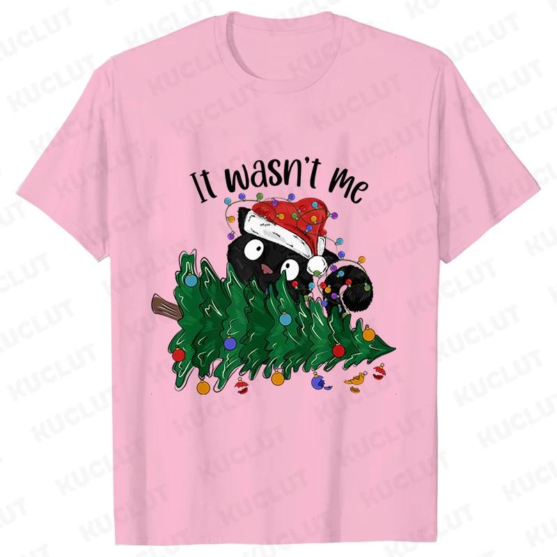 It Wasn's Me Christmas Cat Women's Clothing Christmas Tree Casual Fashion Aesthetics Short Sleeve T-shirt Cartoon Women's T-shirt