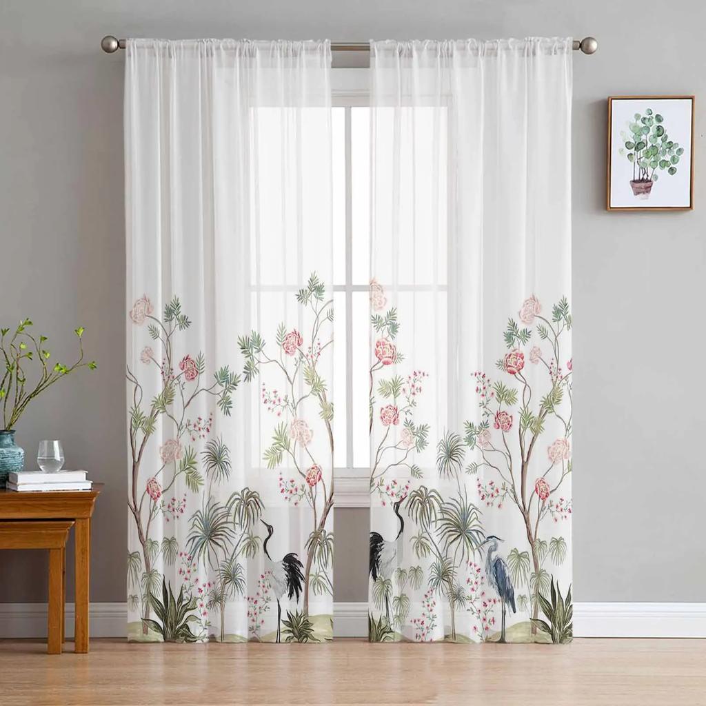 Plants Flowers Leaves Curtain Window Tulle Living Room Bedroom Kitchen Chiffon Treatment Decorations Curtains Light Filtering Made Of Polyester Area