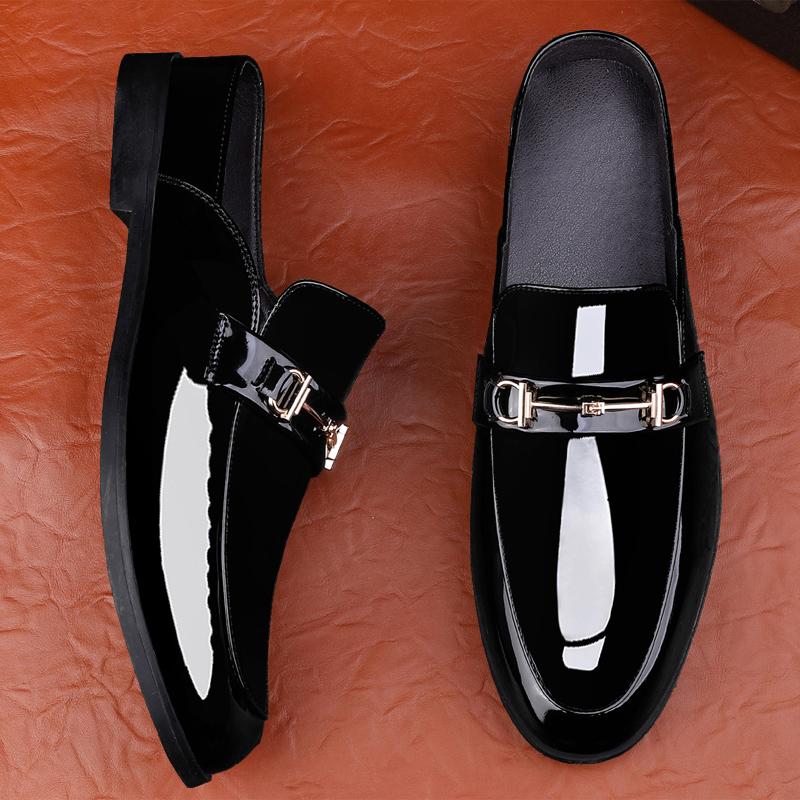 Fashion Men Luxury Designer patent Leather Mules Male Summer Fashion Casual Breathable Comfy Sandals Open Back Low-heel Slippers