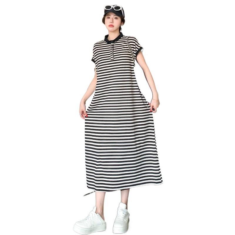 Sommer Damen Kleid Plus Größe Lockeres Temperament Lässig Kleines Revers Bedecktes Fleisch Gestreifte Kleider