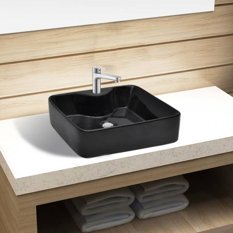 Day and Night - Day and Night Square Ceramic Washbasin with Black Tap/Drain Hole