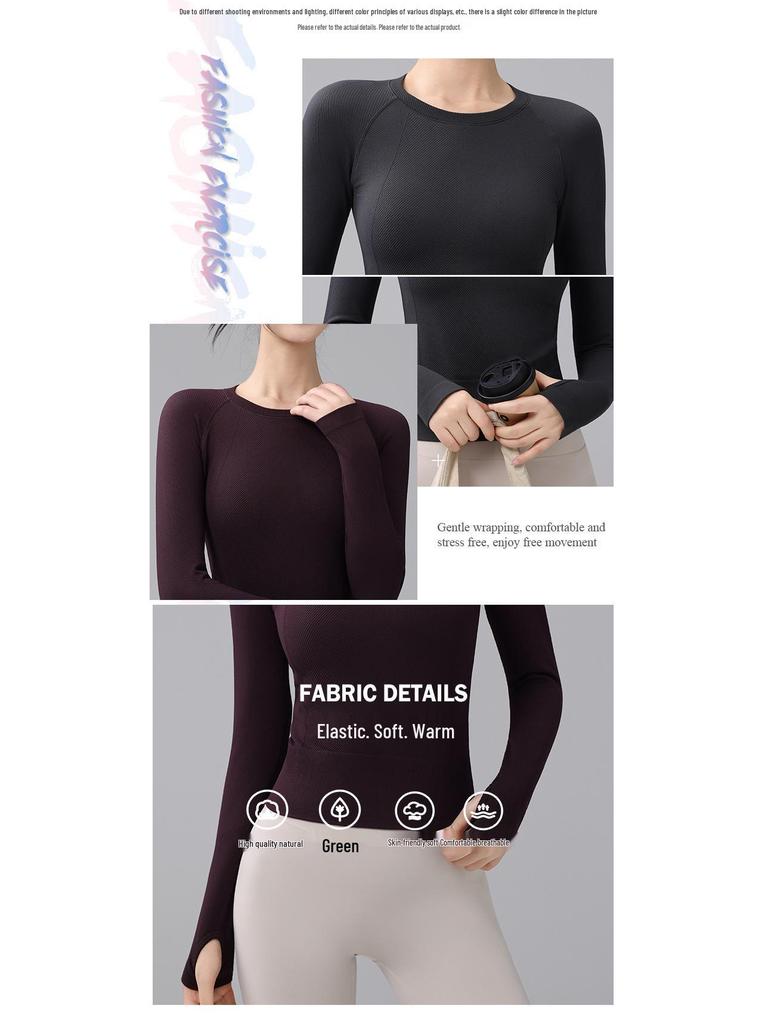 Thickened Seamless Women's Long Sleeve Yoga Top - Slimming, Breathable Round Neck for Autumn & Winter.