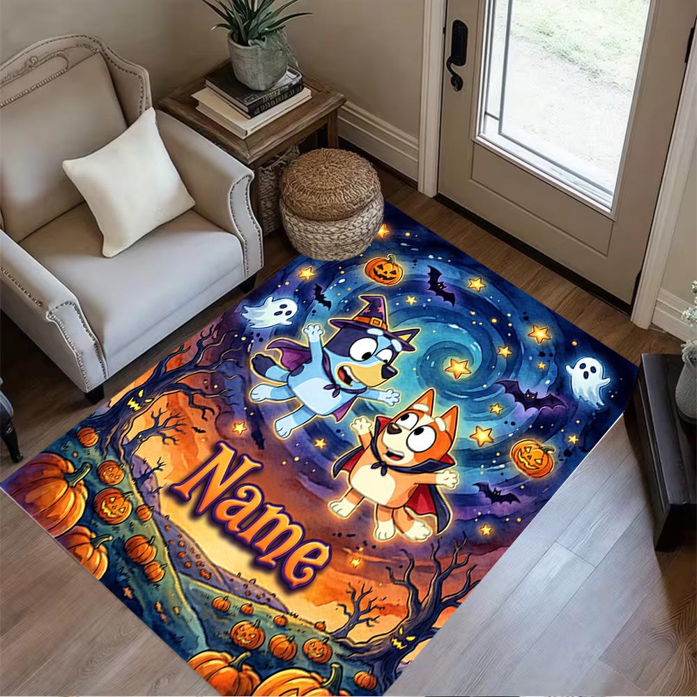Halloween Night Adventure Customizable Name Floor Mat Design for Outdoor Hallway Kitchen Game Room Anti-slip Rug Office Home Decor Gift for Festivals