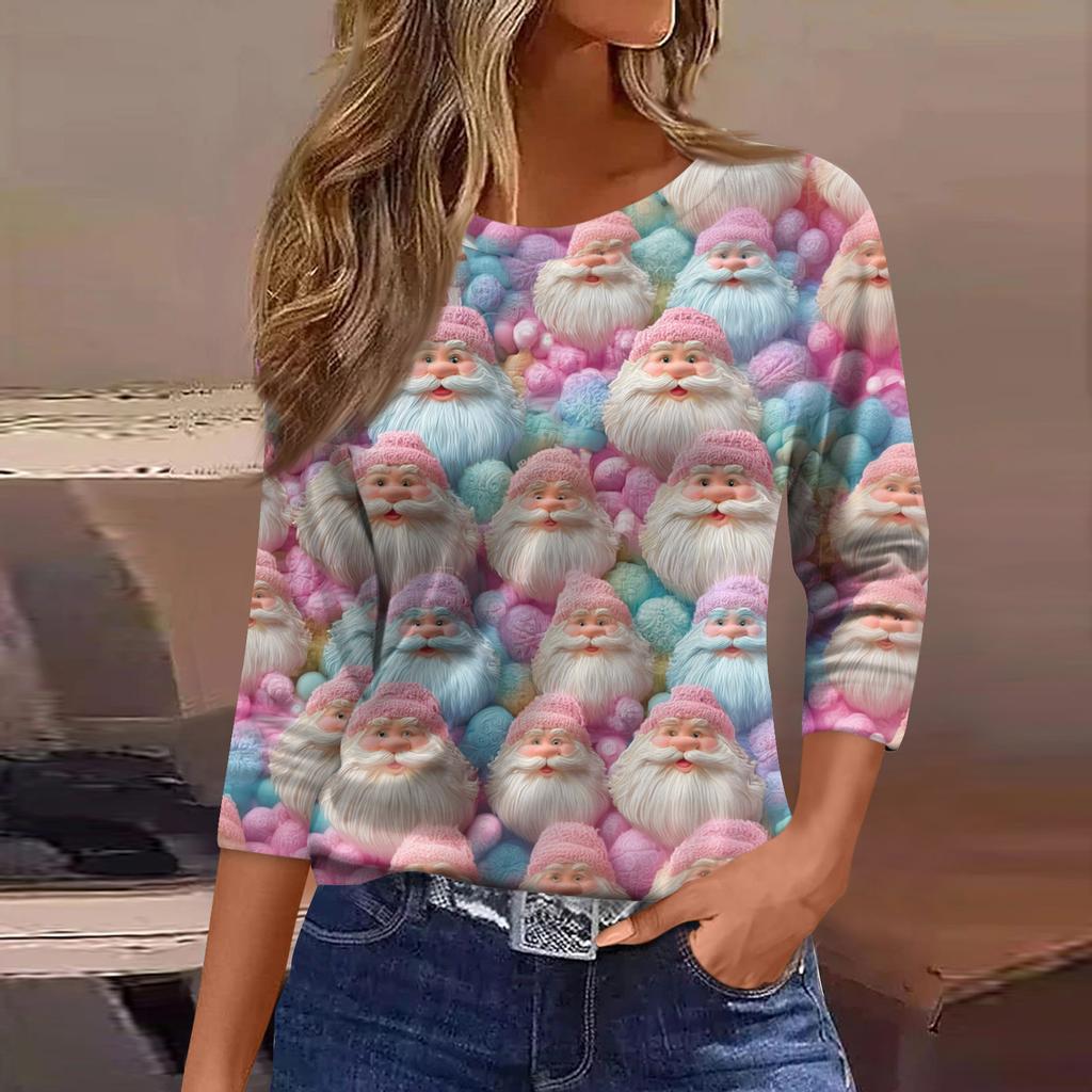 Women's Fashion Casual Three-quarter Sleeve Christmas Printed  Neck Top