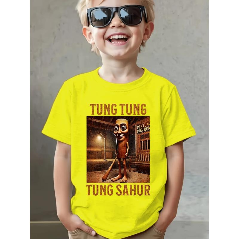 European sizes Boys Summer Short Sleeve T-Shirt with TUNG TUNG Sahur Cartoon Stick Figure Print Casual Round Neck Tee Suitable