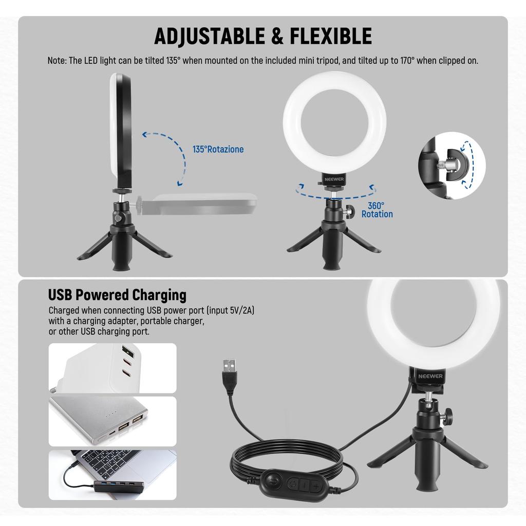 Neewer Basics Ring Set with Clip and Tabletop 10W High USB Compatible with Live Live Zoom Working from and TikTok 5-inch Light, 2-Piece Tripod,