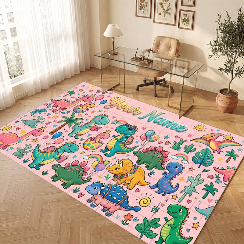 Dinosaur Theme Soft Crystal Velvet Rug Custom Name & Text Print Non Slip Floor Rug for Bedroom Living Room