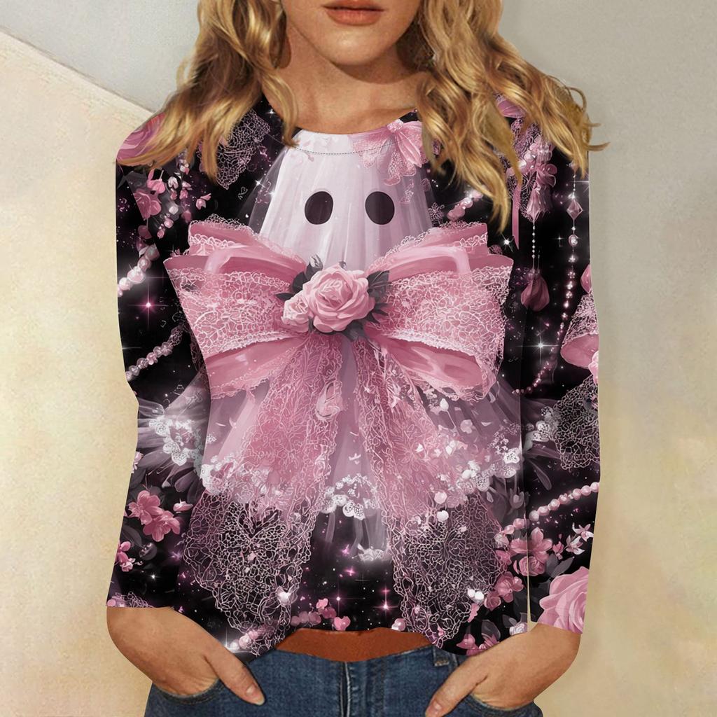 Women's Long-sleeved Loose-necked Halloween Print Casual Top , Suitable for Holiday Parties