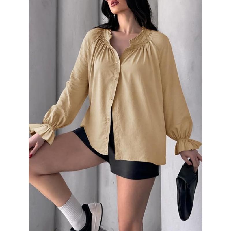 Spring and Autumn New Women's Elegant and Sweet Loose Casual Lantern Sleeve V-neck Ruffle Shirt