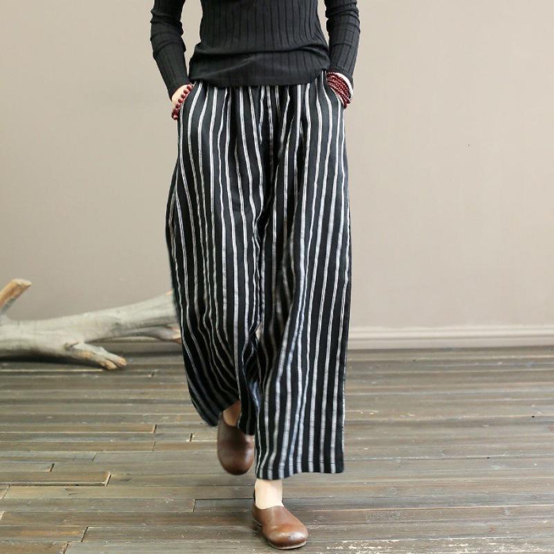 2023 Retro Cotton Linen Striped Wide-Leg Women's Slimming Cropped Pants - Japanese Style Summer Casual Wear