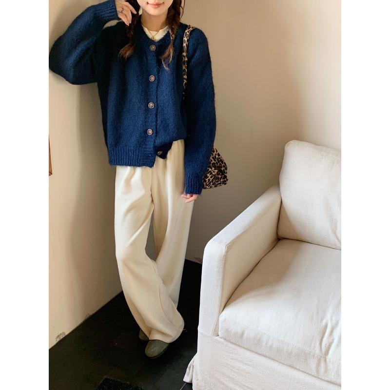 

Autumn and winter new round neck ragged shoulder long sleeve single-breasted retro knitted cardigan long camel hair loose top coat average size тёмно-синий