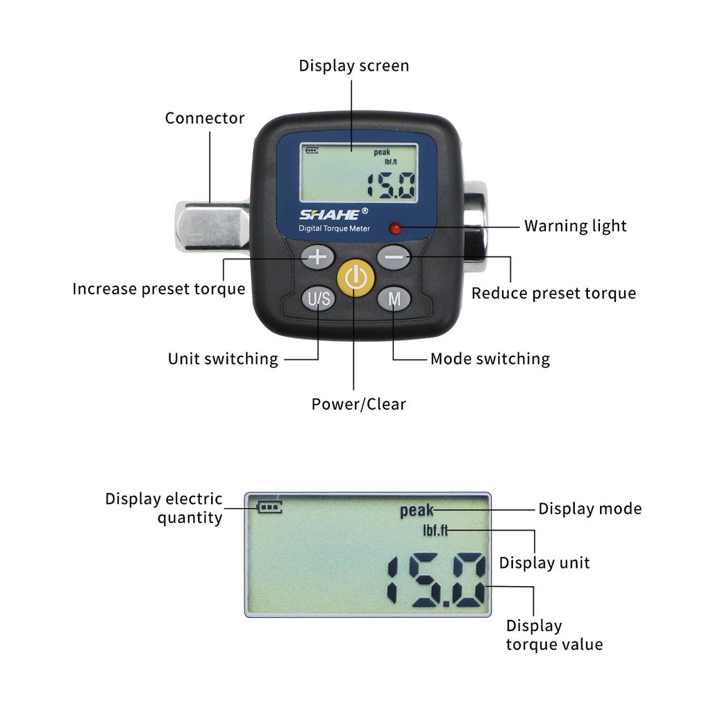 Shahe Digital Torque Wrench Adapter Electronic Torque Tool Includes 1/2" 1/4"3/8" Adapters for Automotive, Biking, Home Repairs