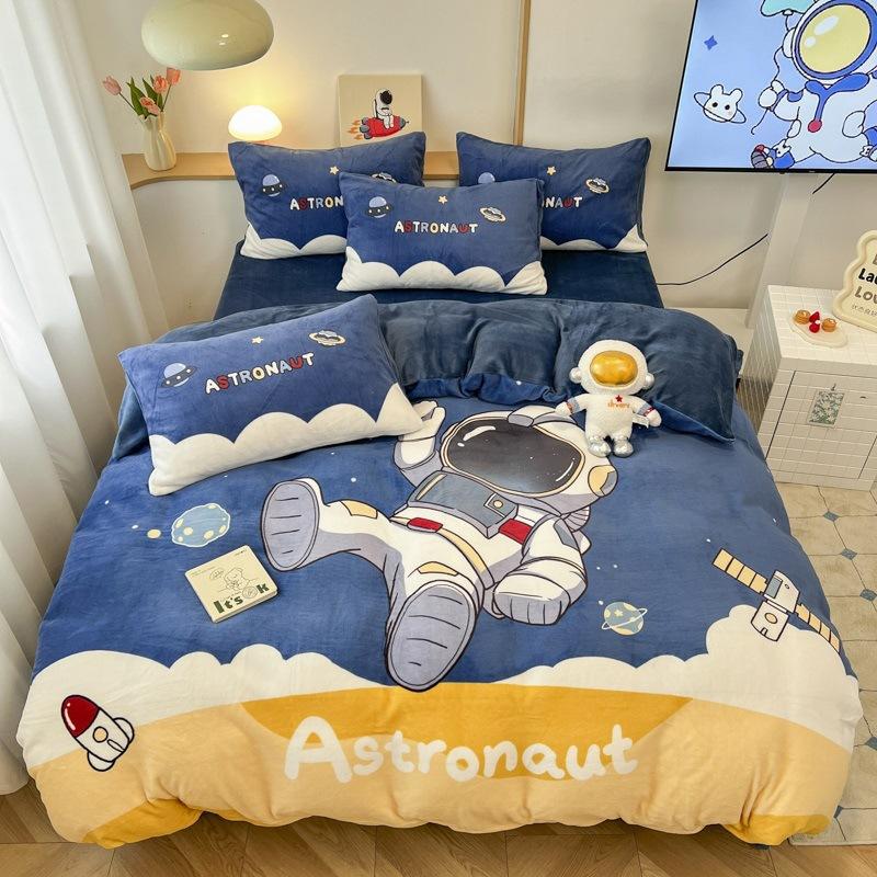 Thickened Milk Fleece Four-Piece Set, Fleece Astronaut Flange Coral Fleece Children'S Bed Sheet Quilt Cover Three-Piece Set Men