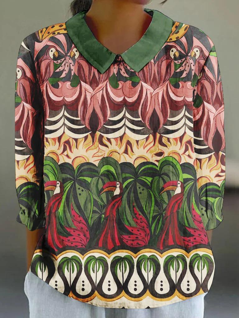 2026 new cross-border 3D printing retro splicing printing loose long-sleeved shirt women s vacation casual versatile top S