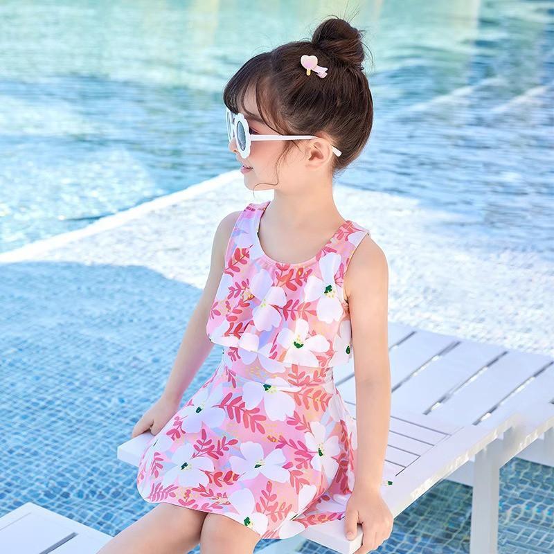Girls One-Piece Swimsuit With Floral Print Sleeveless Ruffled Trim Tummy Control Design Swimming Water Play