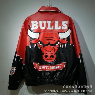 Vintage Czerwony Byk Kurtka ze Skóry PU Unisex Streetwear Oversize Styl Biker z Haftem Kontrastowe Szwy