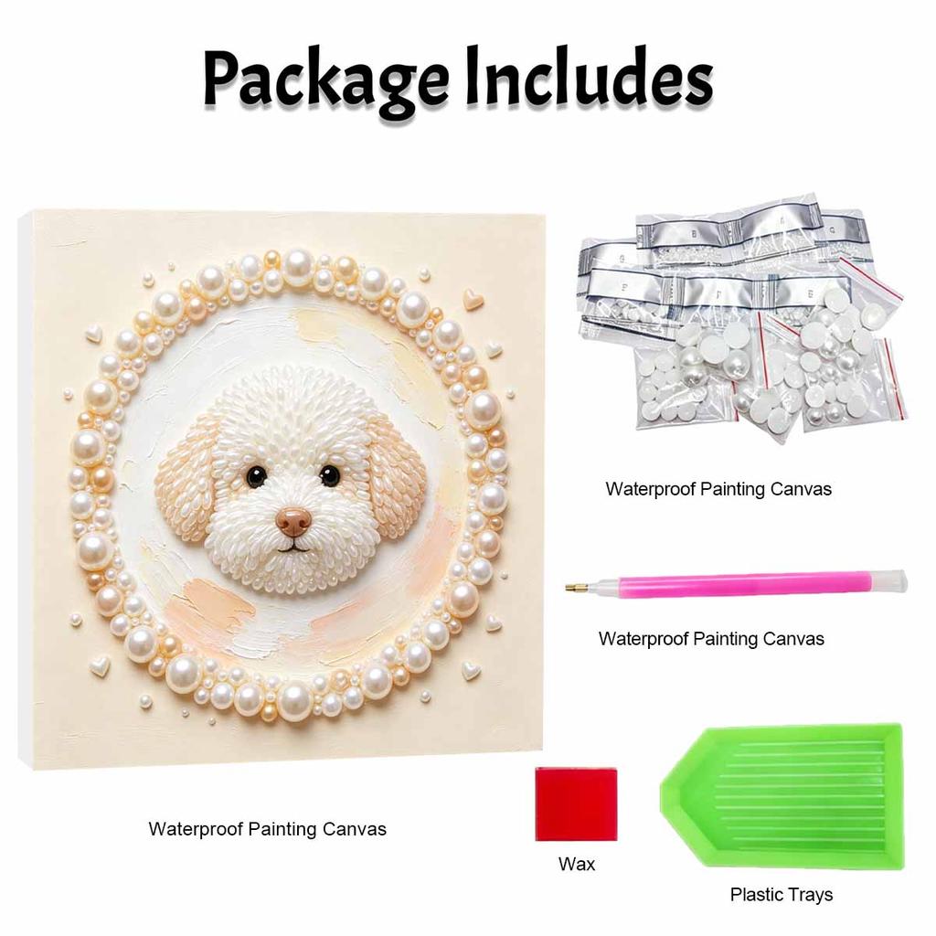 DIY 5D Pearl Bead Painting Kit with Frame Cute Bichon Dog Design Shiny Canvas Art for Bedroom Wall Decor and Special Birthday Gift